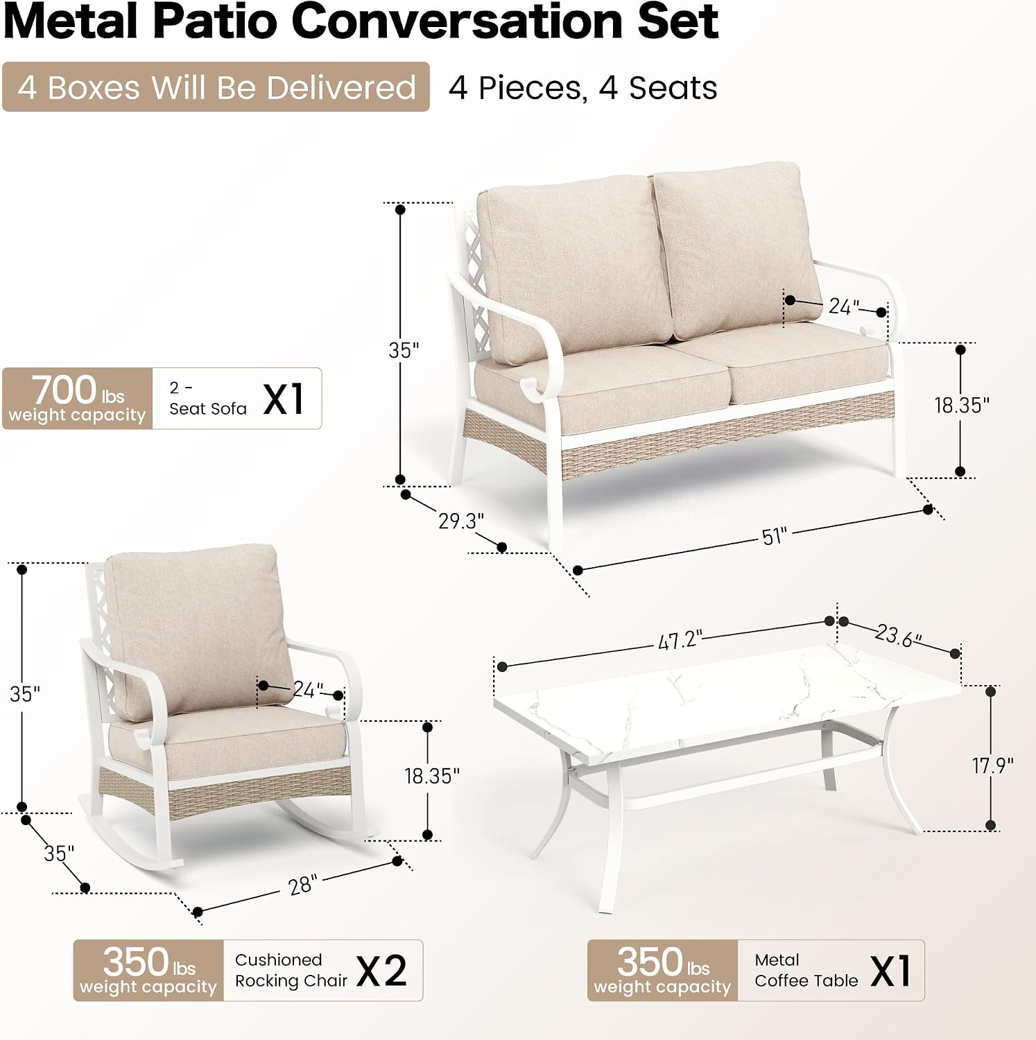 SUNSHINE VALLEY 4 Piece Metal Outdoor Patio Furniture Sets, Patio Conversation Sets 1 2-Seater Sofa, 2 Single Sofa with 5.75' Thick Cushion and Coffee Table, White Frame Backyard Furniture, Beige