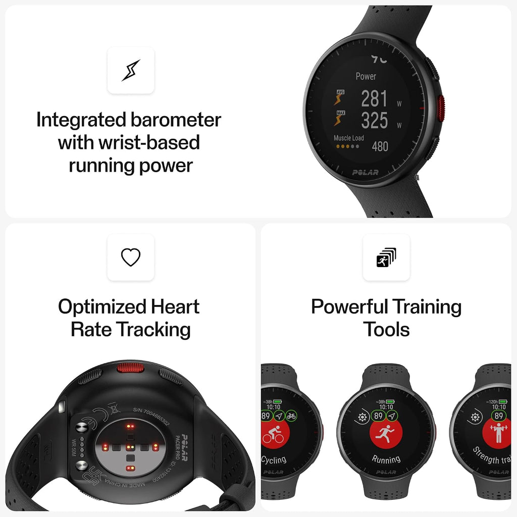 POLAR Pacer Pro Advanced Ultra-Light GPS Fitness Tracker Smartwatch for Runners with Training Program & Recovery Tools; S-L, for Men or Women, Grey-Black