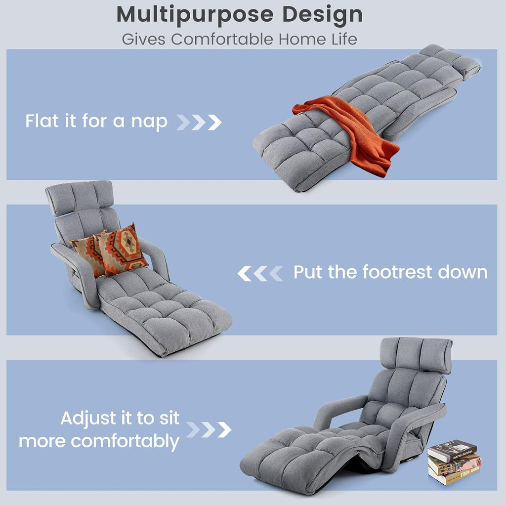 Giantex Foldable Lazy Sofa Bed, 6-Position Adjustable Floor Chair Chaise Lounge with Armrest and Footrest, Padded Gaming Recliner for Reading Living Room Bedroom Indoor (Gray)