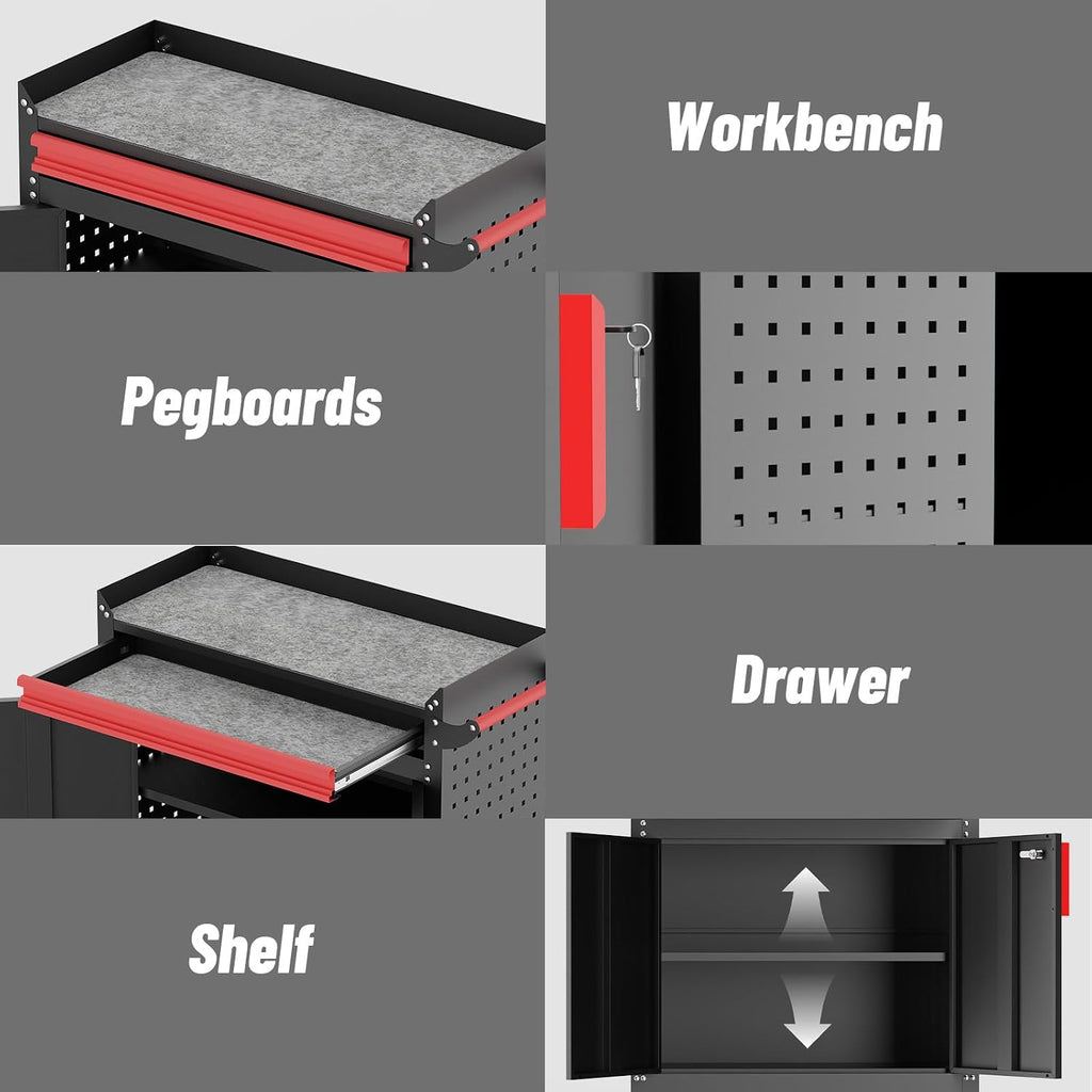 Eltean Rolling Garage Cabinets, Garage Storage Cabinet with Wheels and Workbench, Metal Cabinet with Doors and Shelf, Lockable Metal Storage Cabinets, for Home,Garages, Repair Stores, Warehouses