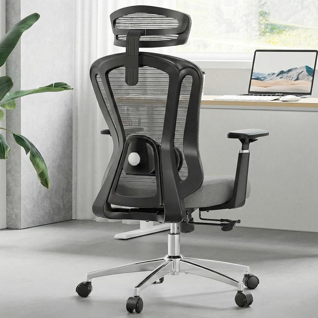 Farini Ergonomic Office Chair Desk Chair, High Back Computer Chair with Wheels, Home Sutdy Chair for Heavy People, Mesh Office Chair Adjustable Seat Depth, 3D Armrests and Adjustable Headrest, Grey