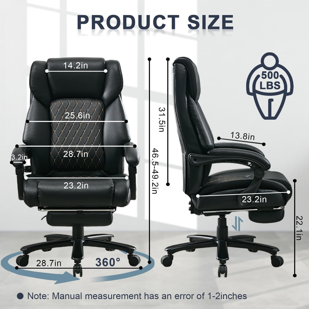 Reclining Office Chair with Retractable Footrest & Adjustable Lumbar Support - 500 lbs Capacity for Big and Tall Users, Leather Executive Desk Chair for Home Office, Work, and Relaxation, Black