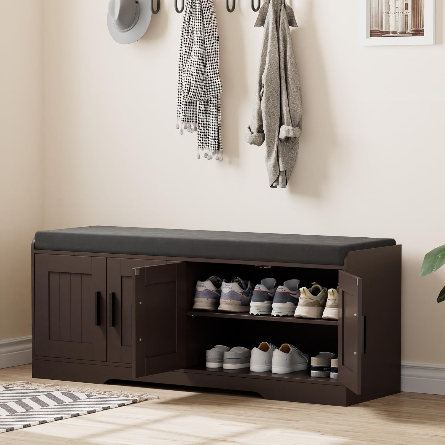 Homleke 2-Tier Storage Bench, Shoe Bench with Thickened Padded Seat Cushion, Entryway Bench with 4 Doors, Adjustable Shelf, 13.8' D x 45.3' W x 18.5' H, for Entryway, Living Room, Bedroom, Brown