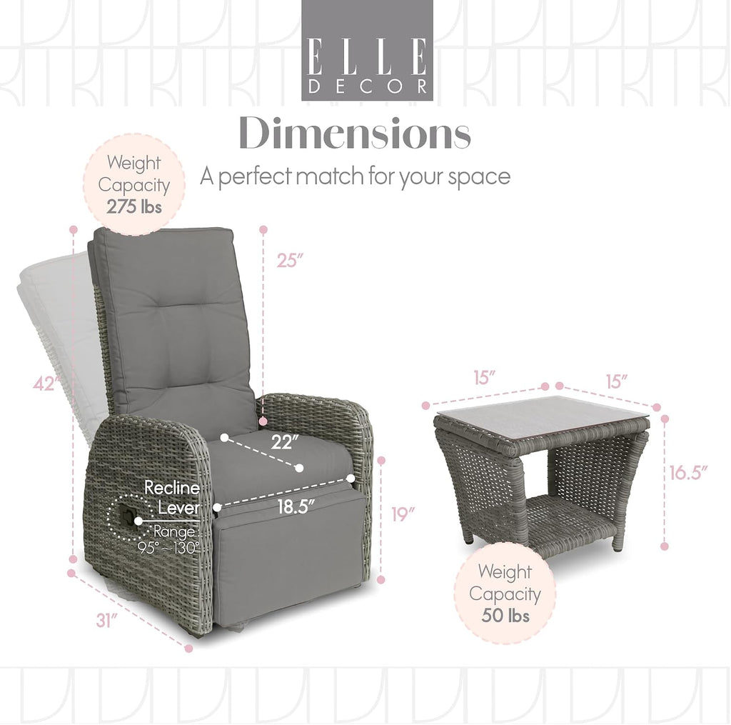 Elle Decor Vallauris Patio Outdoor Furniture Collection, Premium All Weather Wicker, 3 Piece Reclining Set, Gray