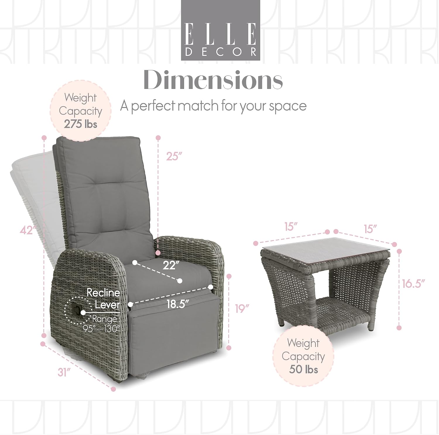 Elle Decor Vallauris Patio Outdoor Furniture Collection, Premium All Weather Wicker, 3 Piece Reclining Set, Gray