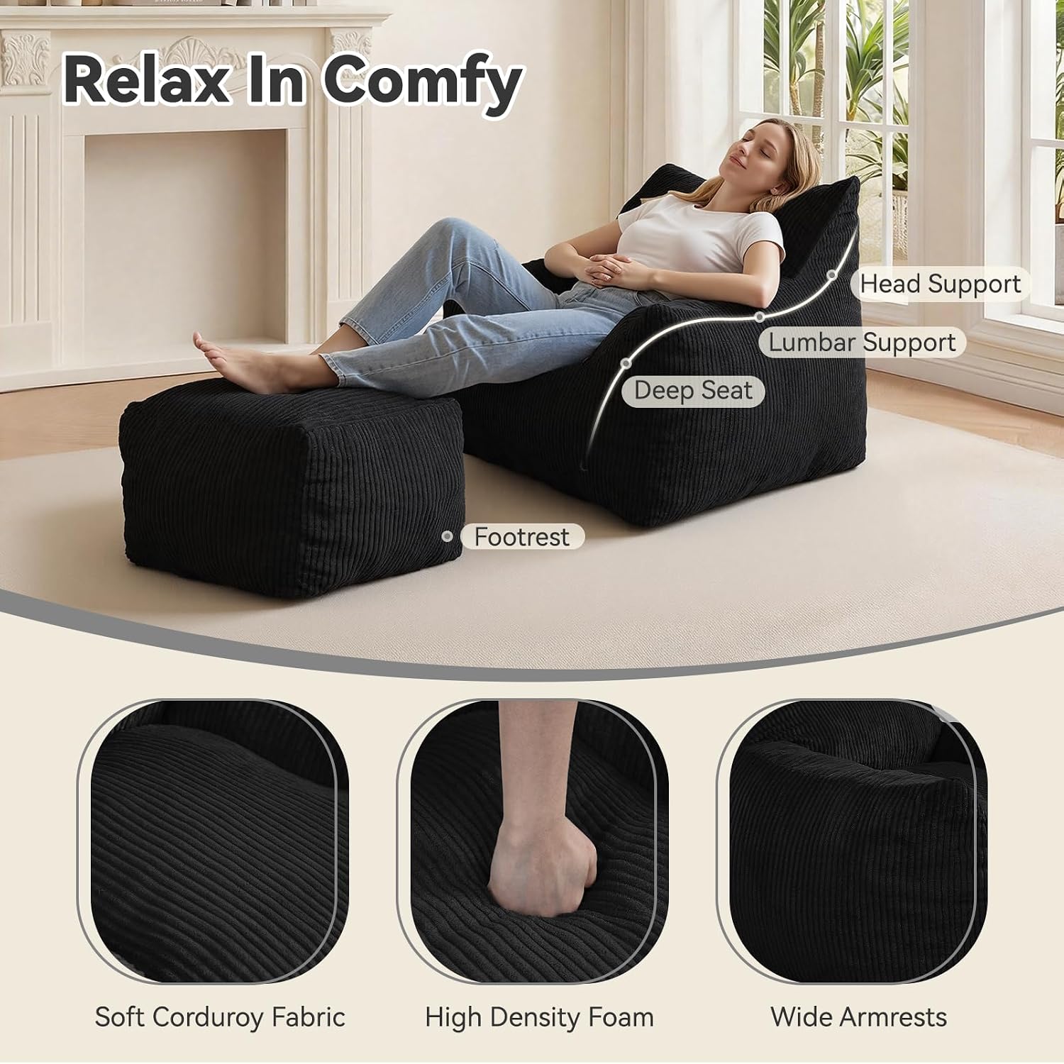 INMOZATA Memory Foam Bean Bag Chair with Ottoman, Oversized Plush Corduroy Cloud Couch, Beanbag Set for Adults & Teens, Comfy Lounge Sofa Gift for Bedroom, Dorm & Reading Nook (Black)