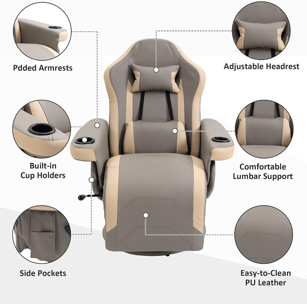 HOMCOM Manual Recliner Armchair PU Leather Lounge Chair w/Adjustable Leg Rest, 135° Reclining Function, 360° Swivel, Cup Holder and, Storage Pocket