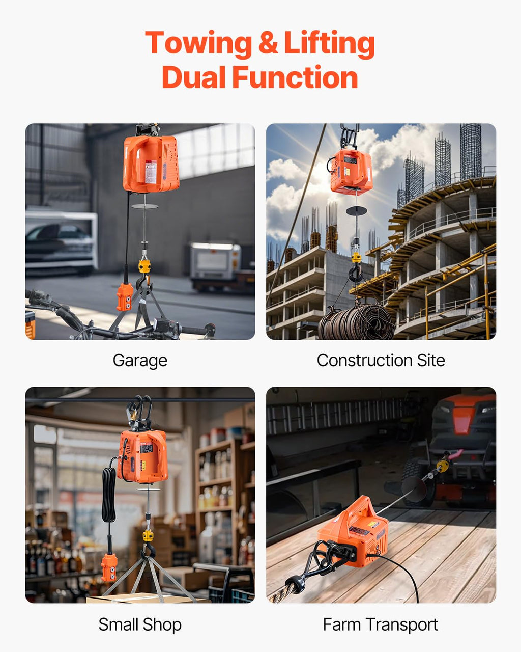 VEVOR 3-in-1 Electric Hoist Winch, 1100 lbs Capacity, 1500W Portable Power Winch, 30 ft Lifting Height, 16 ft/min with Wire and Wireless Remote Control, for Garage, Warehouse, Factory Lifting Towing