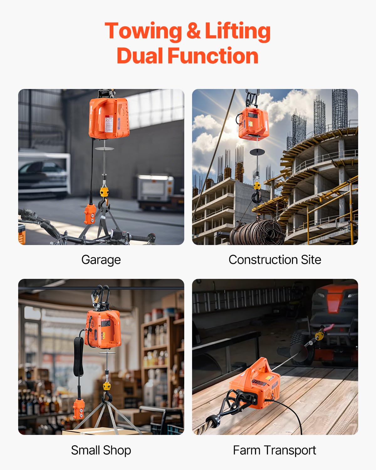 VEVOR 3-in-1 Electric Hoist Winch, 1100 lbs Capacity, 1500W Portable Power Winch, 30 ft Lifting Height, 16 ft/min with Wire and Wireless Remote Control, for Garage, Warehouse, Factory Lifting Towing
