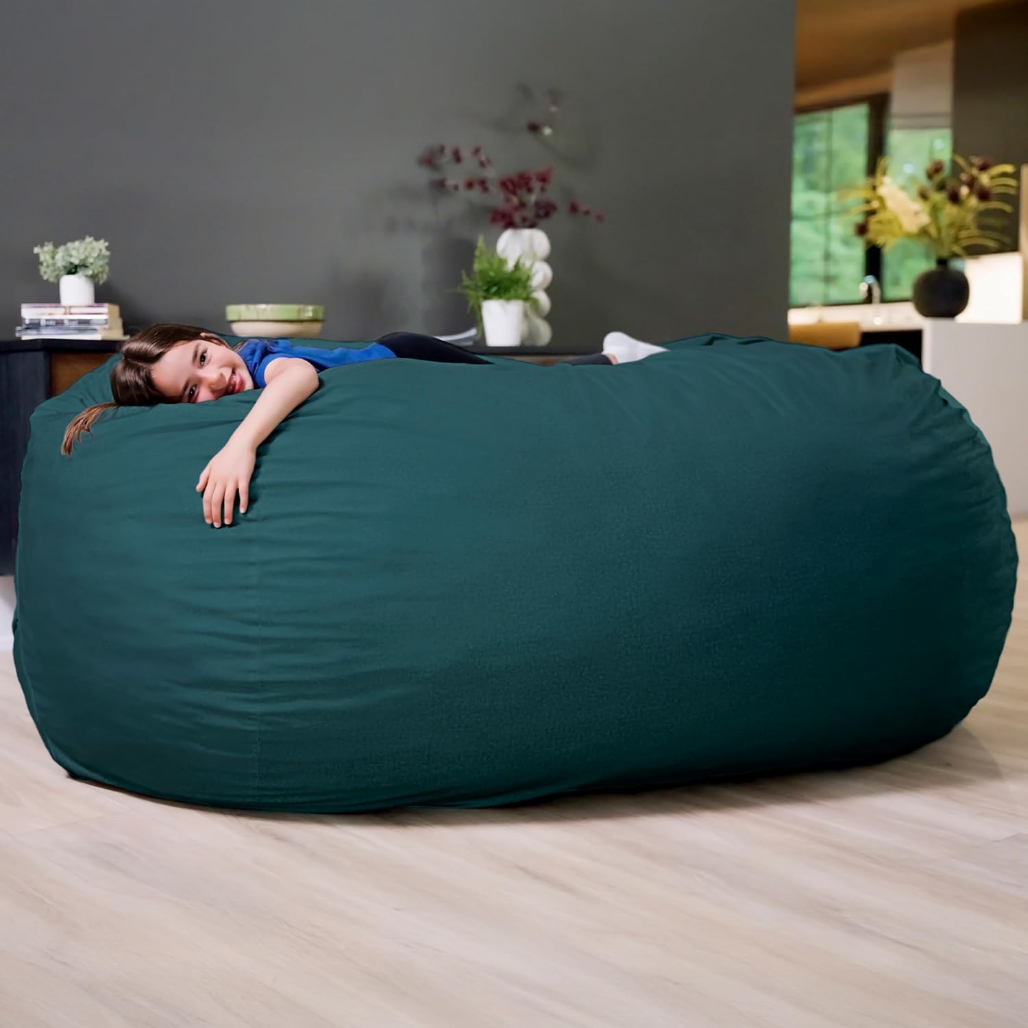 Big Joe Fuf 8Ft Giant Foam Bean Bag Chair, Oversized Couch with Removable Cover for Kids, Teens, Adults, Deep Sea Velveteen, Durable Woven Polyester, 8 Foot