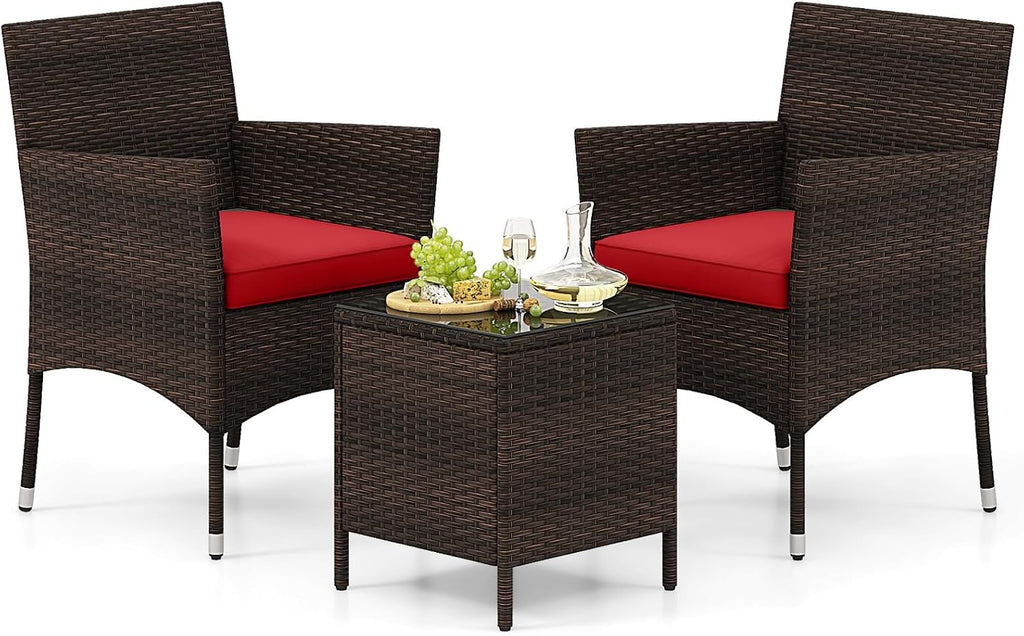 HAPPYGRILL 3PCS Patio Furniture Set Wicker Bistro Set with Glass Coffee Table & Cushions Outdoor Rattan Conversation Set for Garden Lawn Poolside Backyard