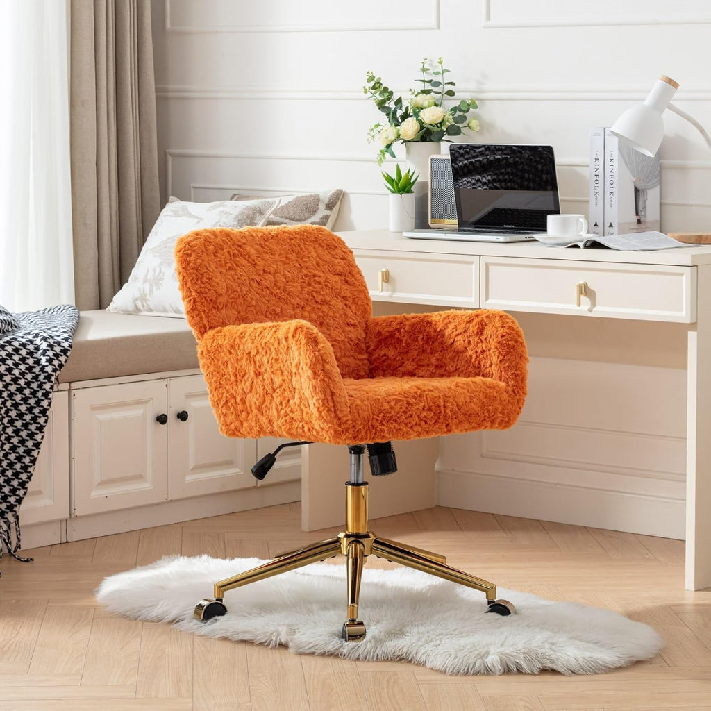 Faux Fur Makeup Vanity Chair, Comfy Fuzzy Home Office Chair with Wheels & Gold Base, Upholstered Adjustable Swivel Desk Chair for Teens Girls Women Home Office, Orange