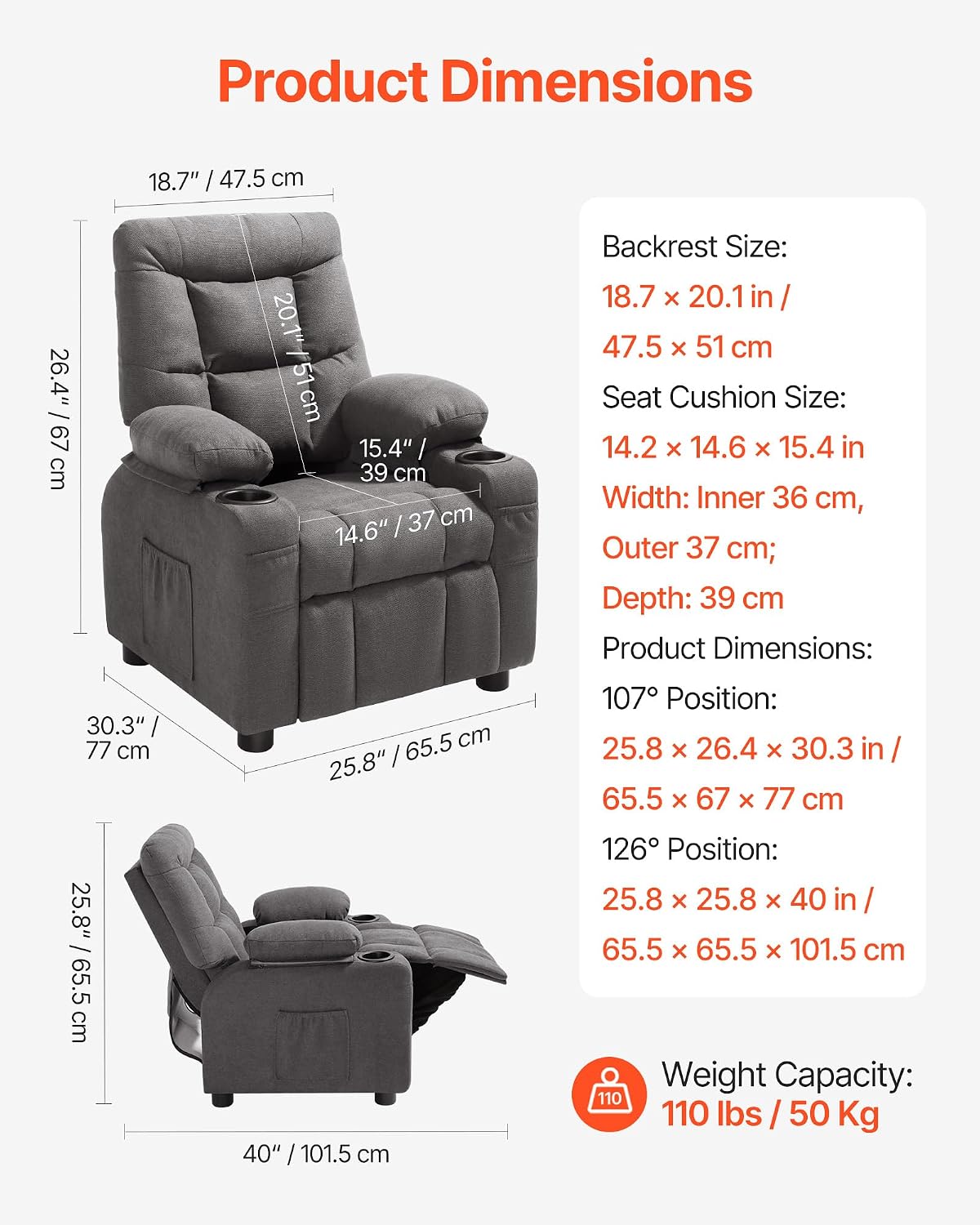 VEVOR Kids Recliner Chair, Toddler Lounger with Cup Holders & Pockets, 107° to 126° Adjustable Back, Breathable Polyester Upholstery Reclining Sofa with Foot-Rest, for Boys and Girls, Children (Gray)
