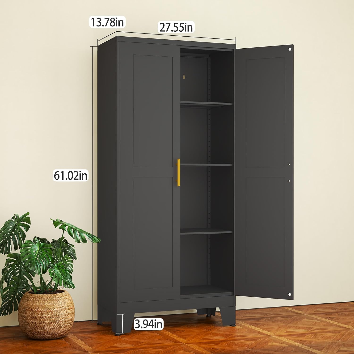Black Metal Storage Cabinet, 61' Steel Cabinets for Home Office, Kitchen Pantry Storage Cabinet with Doors and 3 Adjustable Shelves, Metal Tool Cabinet, for Office, Home, Garage, School