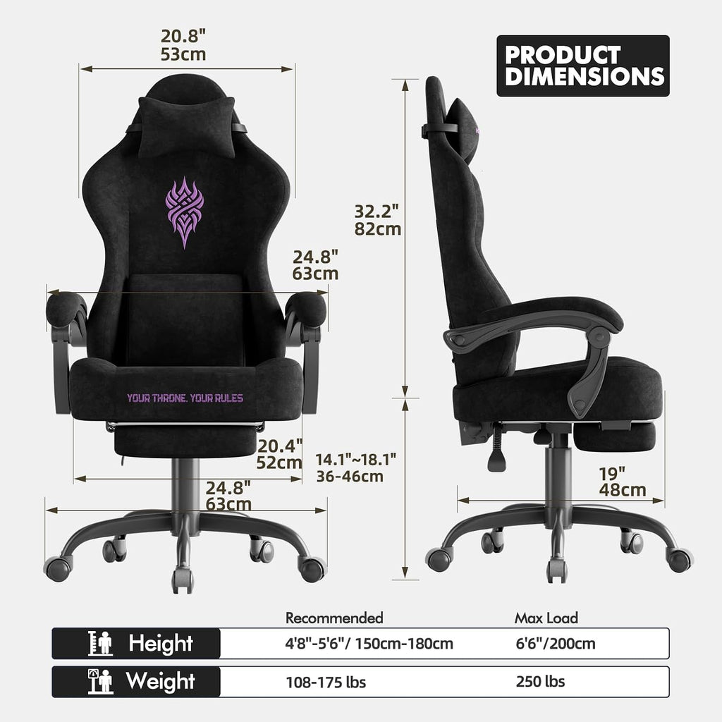 Soontrans Black Velvet Fabric Gaming Chairs with Footrest, Ergonomic Comfortable Video Gamer Chair, Reclining Office Computer Desk Game Chairs with Massage Lumbar Cushion,Headrest for Adult