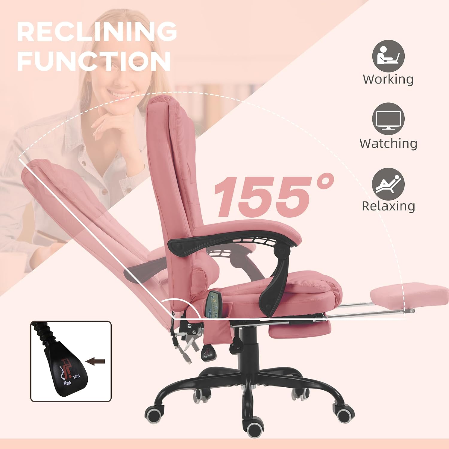 Vinsetto 7-Point Vibrating Massage Office Chair, High Back Computer Chair with Lumbar Support, Footrest, Reclining Back, Adjustable Height, Pink