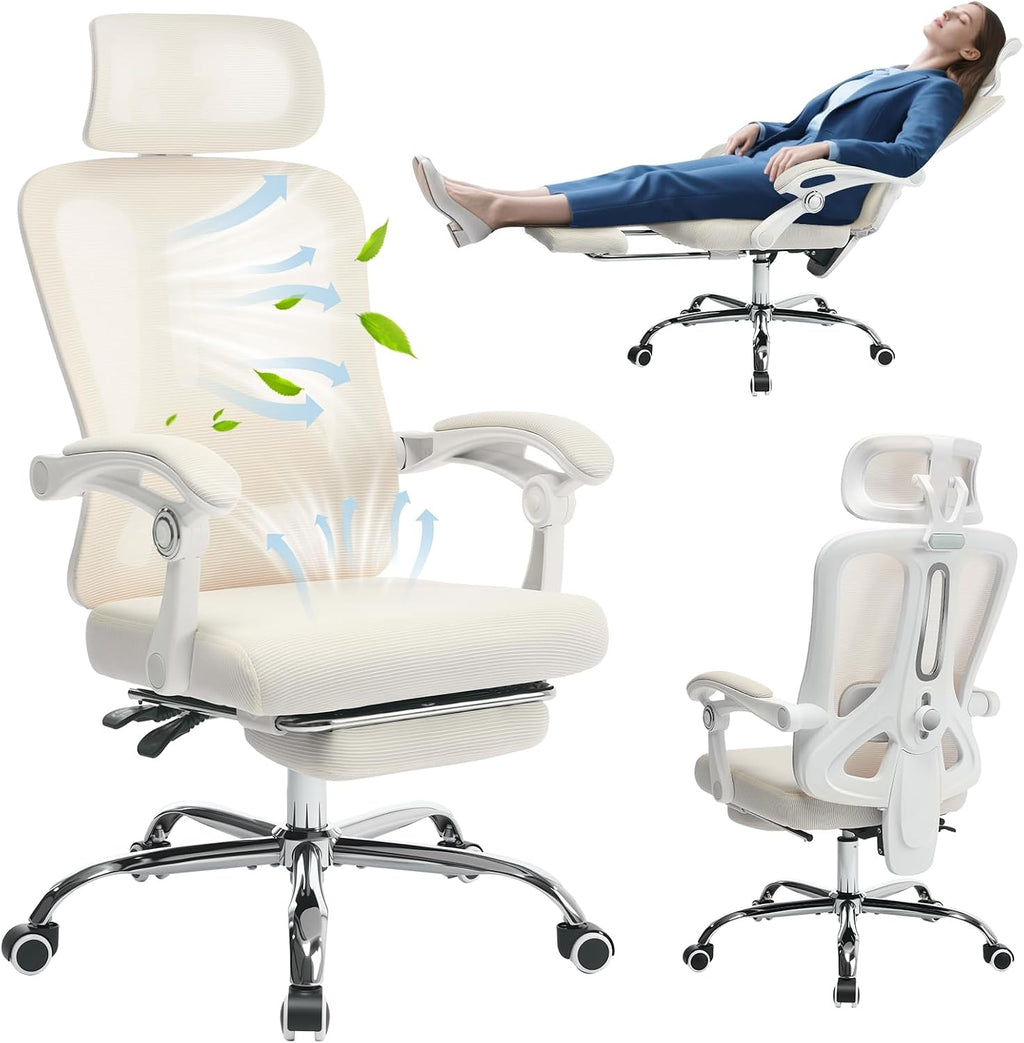 Mesh Ergonomic Office Chair with Footrest, Home Office Computer Desk Chair with Adjustable Headrest and Backrest, Comfortable Lumbar Support, Executive Desk Chair with Wheels 360 Swivel, Beige