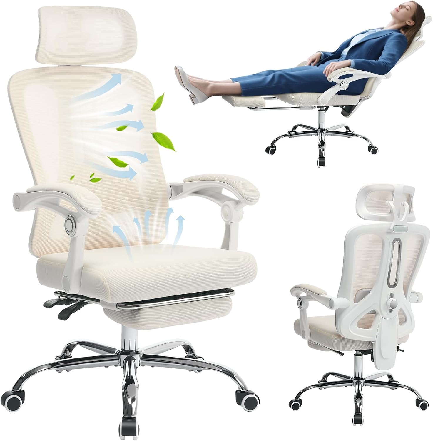 Mesh Ergonomic Office Chair with Footrest, Home Office Computer Desk Chair with Adjustable Headrest and Backrest, Comfortable Lumbar Support, Executive Desk Chair with Wheels 360 Swivel, Beige