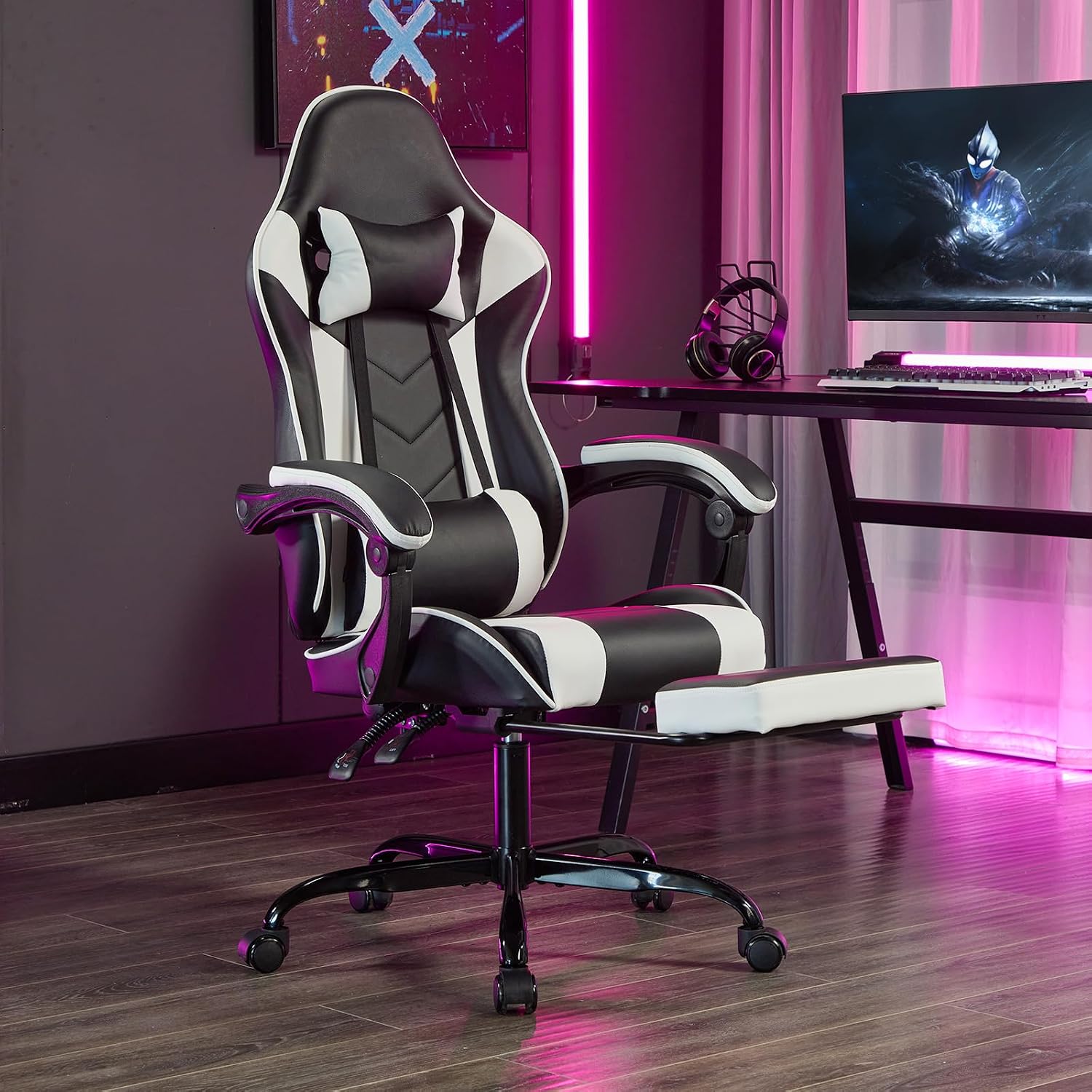 Gaming Chair with Footrest, Ergonomic Computer Chair with Headrest and Lumbar Support, Breathable Material Height Adjustable Swivel Video Game Chairs for Adults, 300lbs Max, Black & White