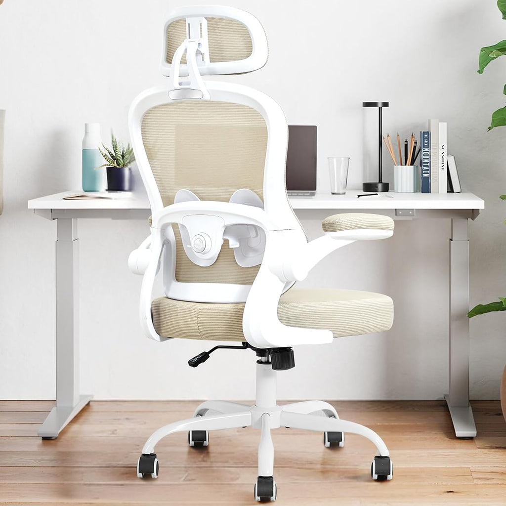 Ergonomic Office Chair,Ultra Thick Office Desk Chair with Adjustable Lumbar Support and Headrest,Spring Cushion,Rocking Function,Flip-up arms,Mesh Computer Chair for Home Office,Khaki