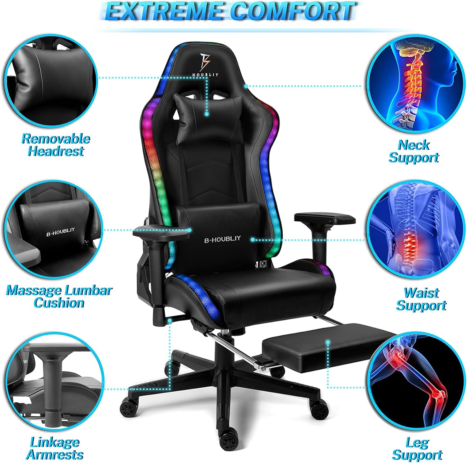 High Back Big and Tall Office Desk Chairs with 7-Point Massage, Ergonomic Gaming Chair with Speakers and RGB Lights, PU Leather Computer Chair Recliner Chair Music Video Game Chair,Black