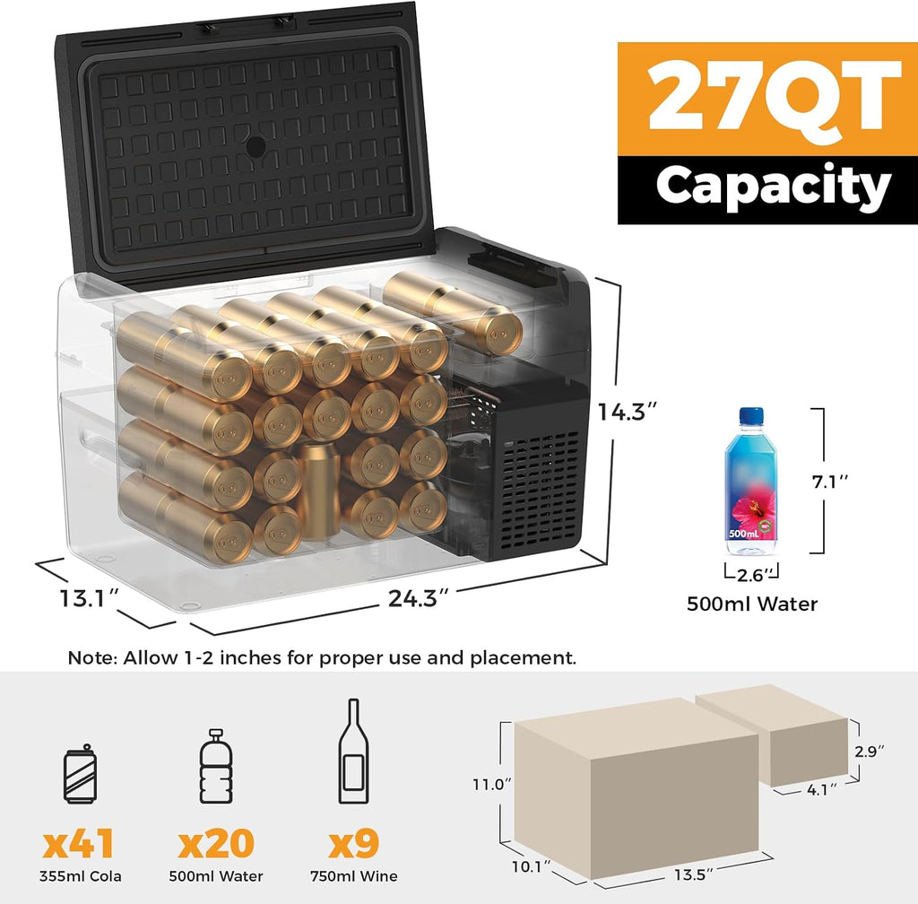 Setpower RF25 12V Refrigerator with PG216 Portable Power Station 27 Quart Electric Cooler for Vehicles Car Freezer With 12/24V DC Car Refrigerator for Camping Truck Van RV SUV Road Trip Travel
