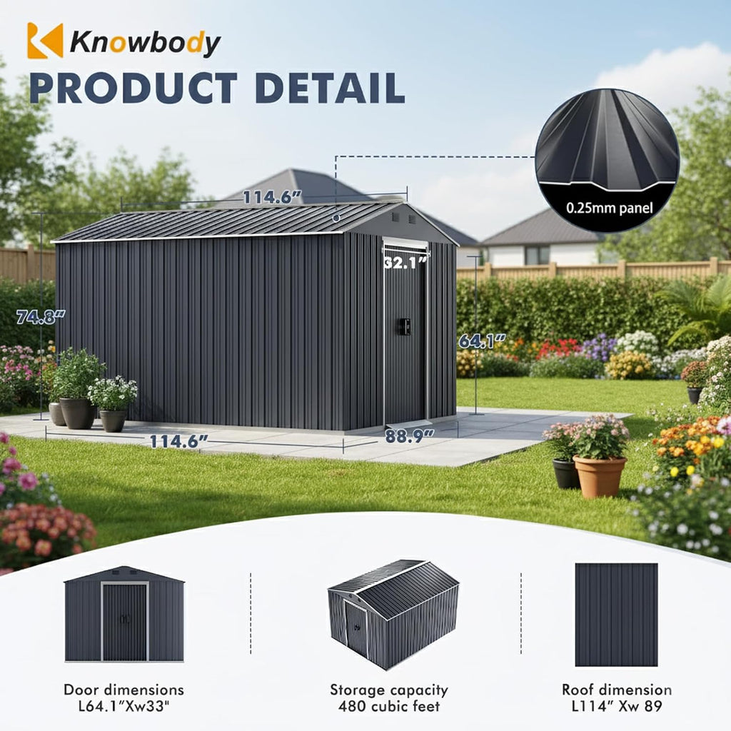 10x8 FT Outdoor Storage Shed, Large Garden Tool Metal Sheds with Sloping Roof and Lockable Door, Outdoor Storage Shed for Backyard Garden Patio Lawn, Grey
