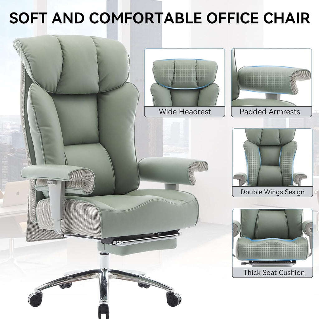 Efomao Big and Tall Office Chair 400lbs - Heavy Duty Executive Desk Chair with Foot Rest & 23' Wide Seat - High Back Ergonomic Leather Computer Chair for Heavy People, Home Office, Green