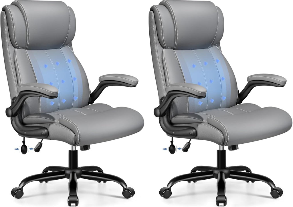 BESTFAIR Ergonomic Office Chair - Desk Computer Chair, Leather High Back Executive Chairs with Adjustable Lumbar Support & Flip Up Arms, Gray 2 Pack