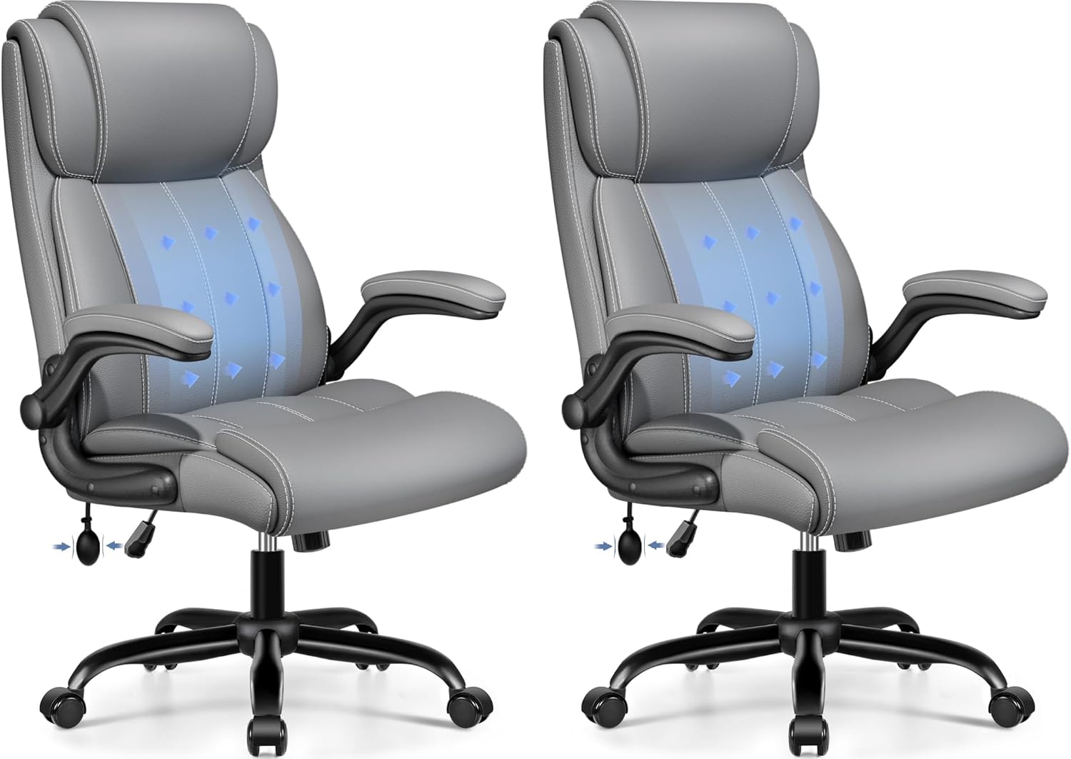 BESTFAIR Ergonomic Office Chair - Desk Computer Chair, Leather High Back Executive Chairs with Adjustable Lumbar Support & Flip Up Arms, Gray 2 Pack