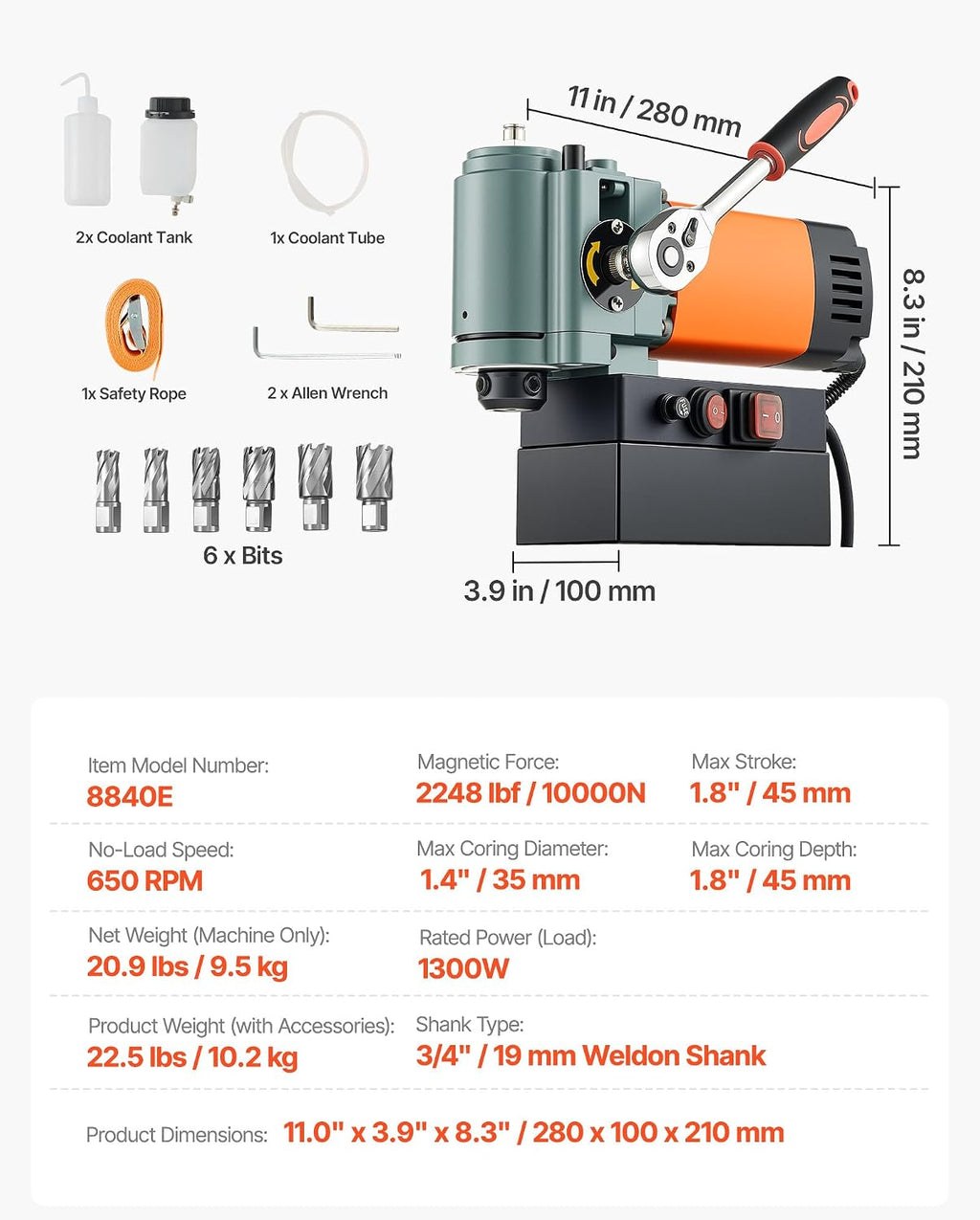 VEVOR Low Profile Magnetic Drill Press, 1300 W, 1.4 in Boring Diameter, 2248 lbf Power Portable Mag Drill Press, 650RPM Speed, with Weldon Shank, for Metal Surface, Industrial and Home Improvement