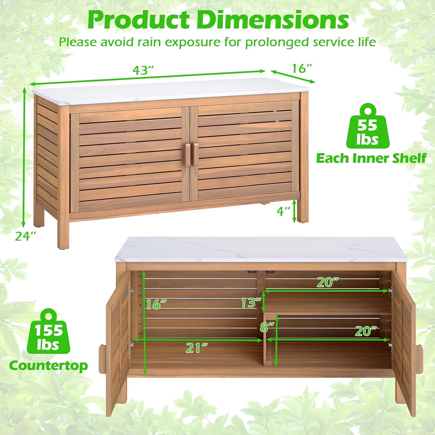 Goplus Patio Storage Cabinet, 2-Door Acacia Wood Console Table with Faux Marble Top, Outdoor Wooden Sideboard for Deck, Garden, Backyard & Entryway