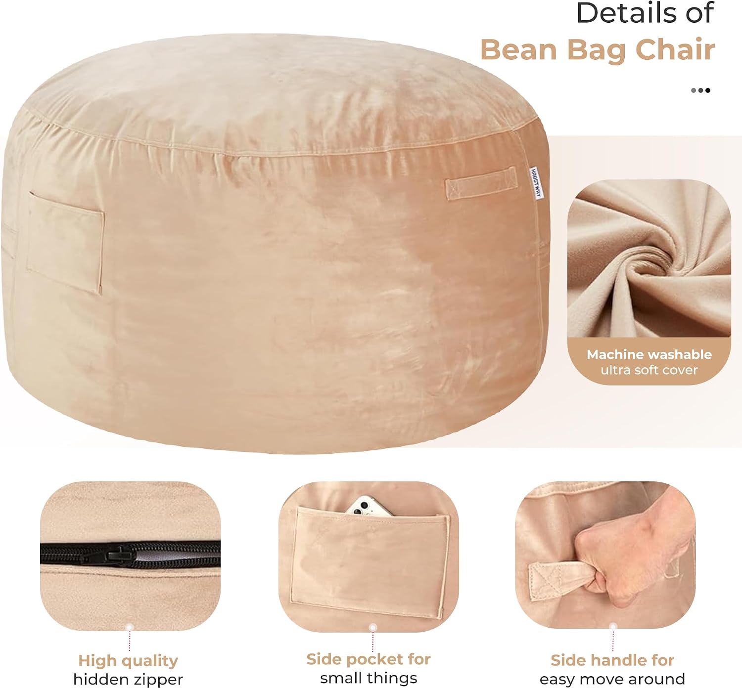 HABUTWAY Bean Bag Chair: Giant 5' Memory Foam Furniture Bean Bag Chair with Microfiber Cover - 5Ft, Khaki