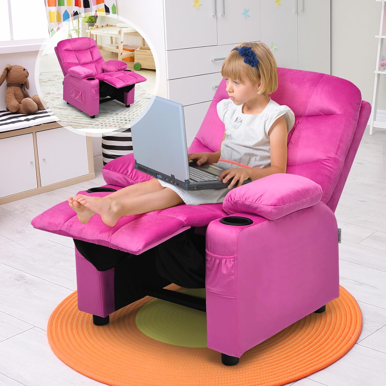 MAT EXPERT Kids Recliner, Velvet Adjustable Reading Chair w/ 2 Cup Holder, 3 Side Pocket Storage & Footrest, Kids Couch Gaming Chair, Toddler Lounge Chair for Boys Girls, Kids Room Playroom (Pink)