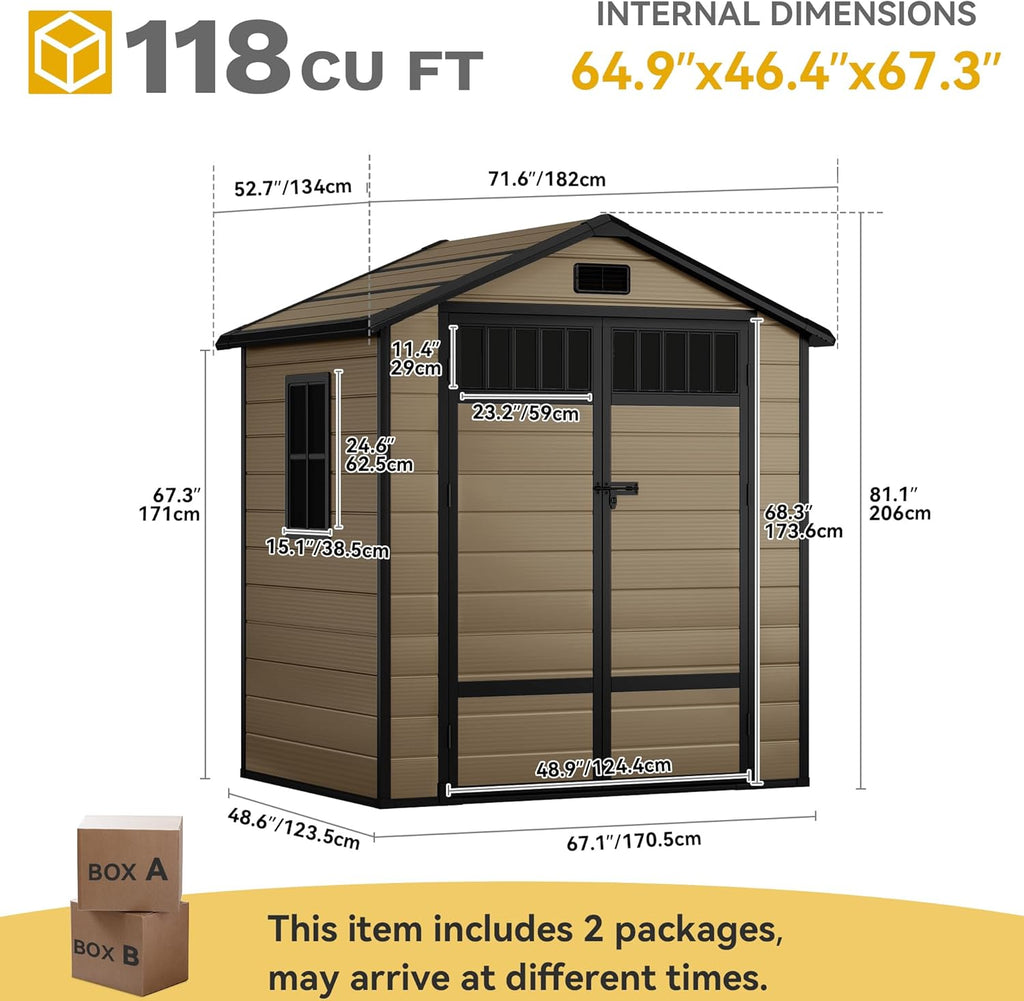 DWVO 6x4.4 FT Resin Storage Shed with Fence-Style and Side Windows, Lockable Door, and Vents for Garden, Backyard, Patio, Lawn, Brown
