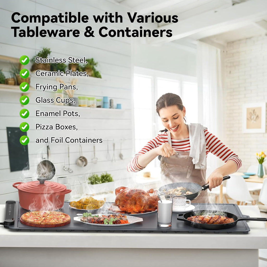 Warming Mat for Food Extra Large: 36'X16' Adjustable Silicone Food Warming Mat Heating Pad Food Warming Pad for Kitchen Counter Warming Trays for Buffets Party Hot Plates for Countertop Black Grey