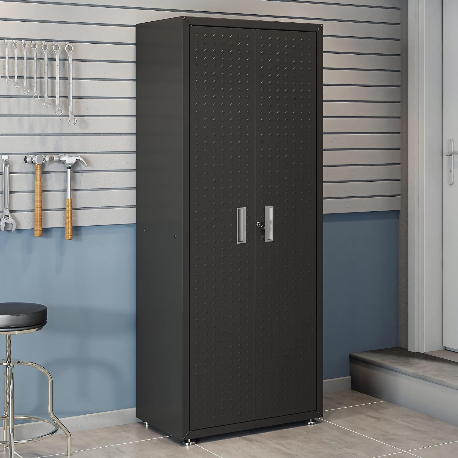 Manhattan Comfort Fortress Textured Metal 75.4' Garage Cabinet with 4 Adjustable Shelves in Charcoal Grey