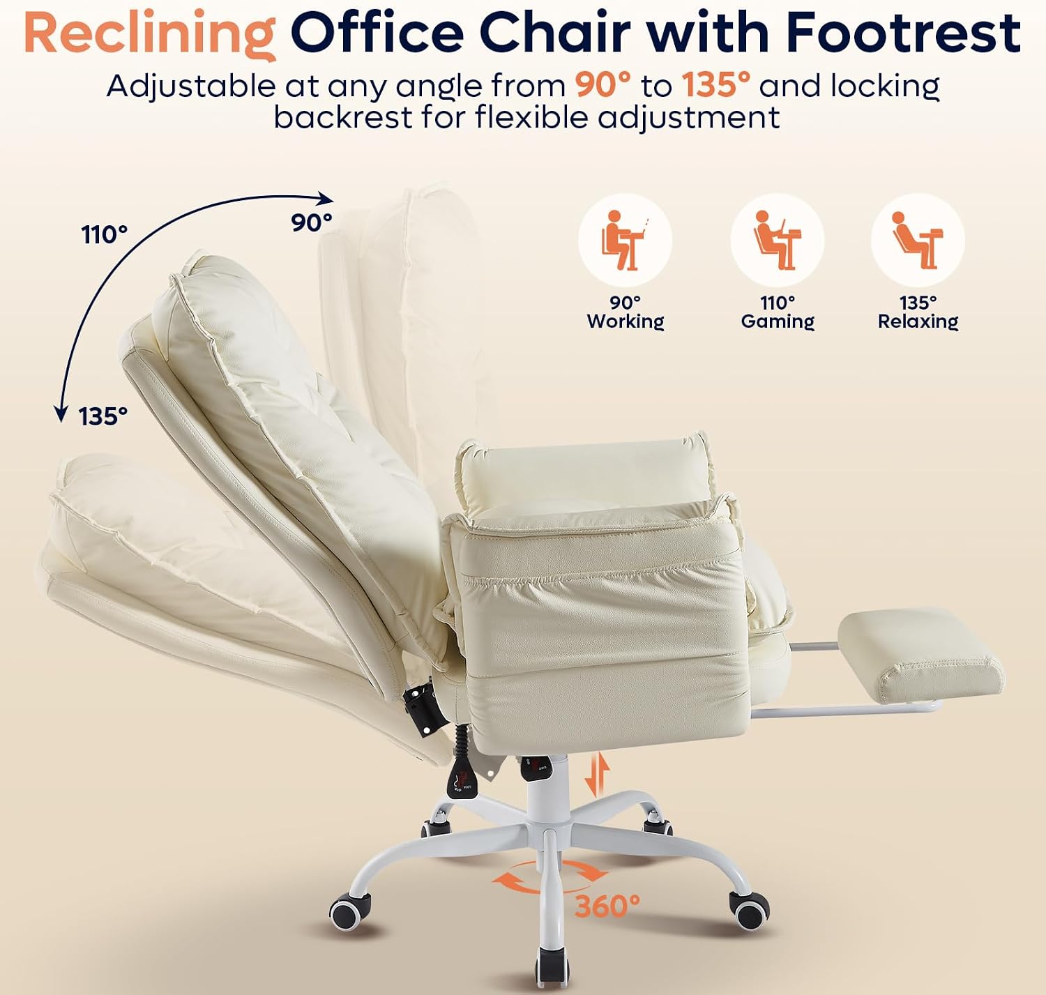 Bestier Cross Legged Office Chair with Footrest, High Back Criss Cross Chair with Reversible Armrests and Wheels, Big and Tall Reclining Office Chair for Home PU Leather Beige