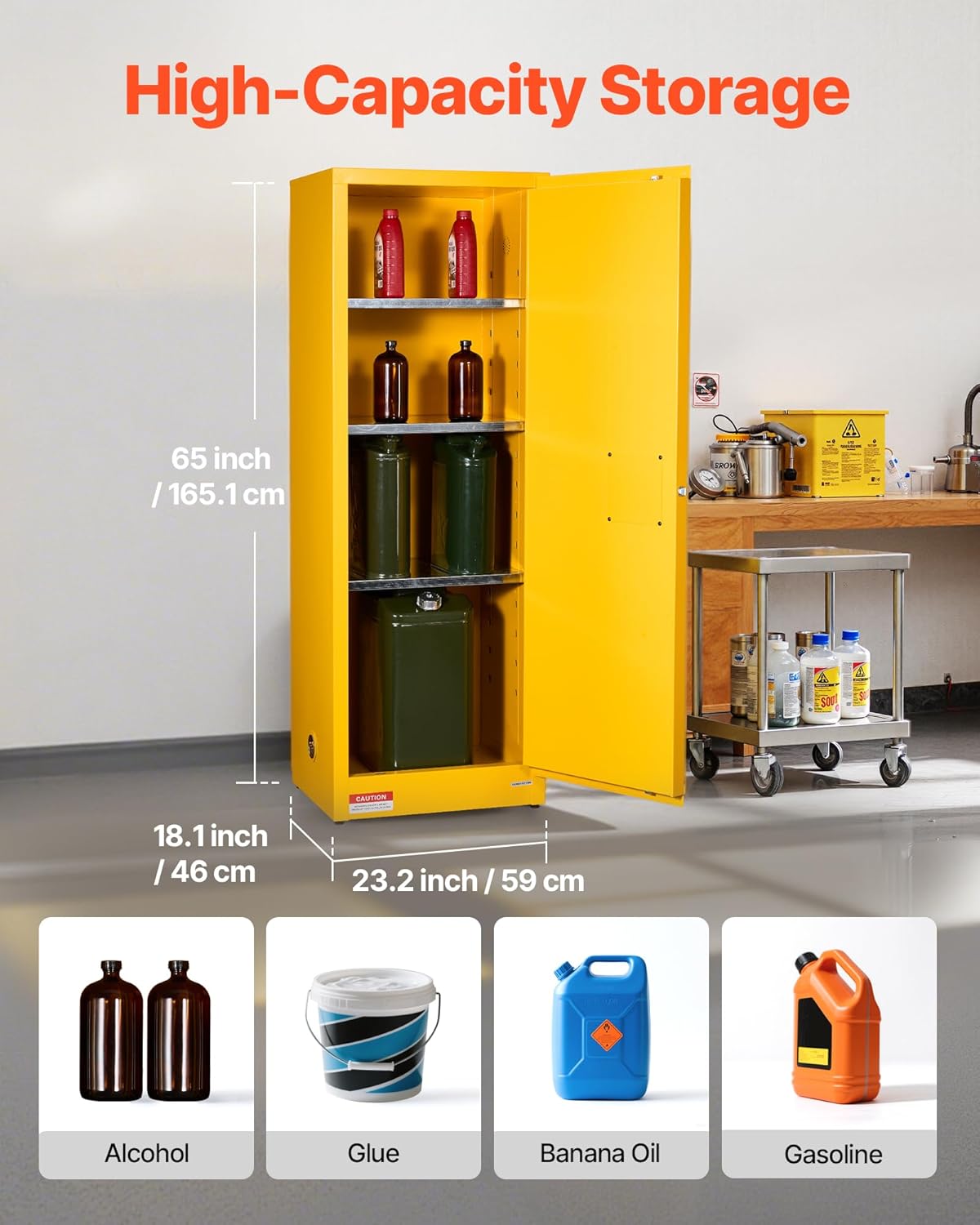 VEVOR Flammable Cabinet 18' x 23' x 65', 23 Gallon Flammable Storage Cabinet with Adjustable Shelf, Cold-Rolled and Galvanized Steel Fire Cabinets, for Commercial Industrial Home Use, Yellow