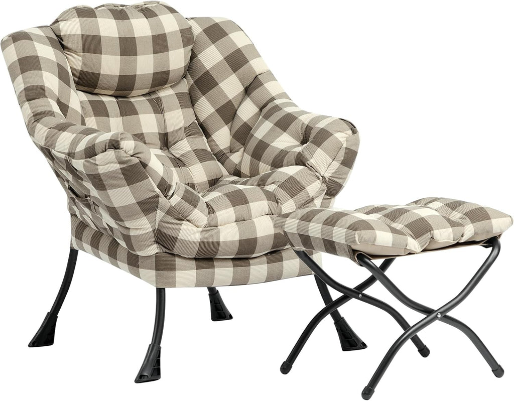 HollyHOME Lazy Chair with Foldable Ottoman, Accent Comfy Lounge Armchair and Folding Footrest Stool, Leisure Sofa Reading Chair and Footstool for Living Room, Bedroom, Dorm,Plaid Pattern
