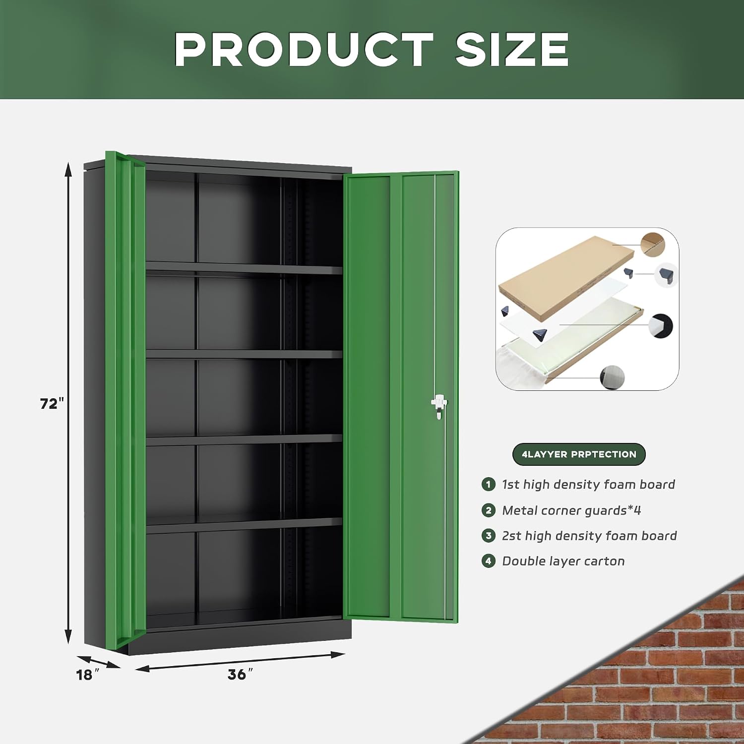 Greenvelly Metal Storage Cabinet, 72' Locking Metal Garage Storage Cabinet with Doors and 4 Adjustable Shelves, Lockable Steel Cabinet for Home Office, Garage, Shop, School (Green 36' W x 18' D)