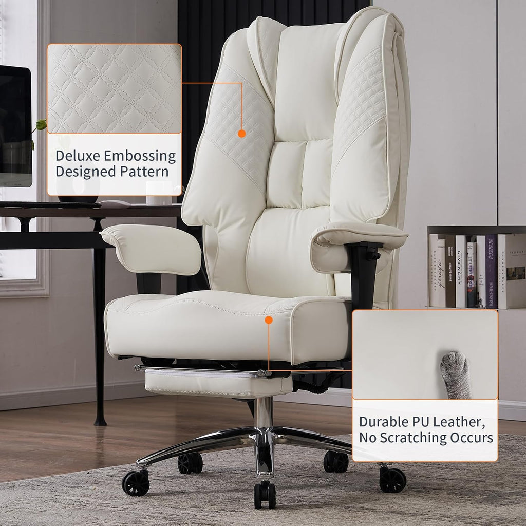 EXCEBET Big and Tall Office Chair 400lbs Wide Seat, Leather High Back Executive Office Chairs with Foot Rest, Ergonomic Lumbar Support for Lower Back Pain Relief (White)