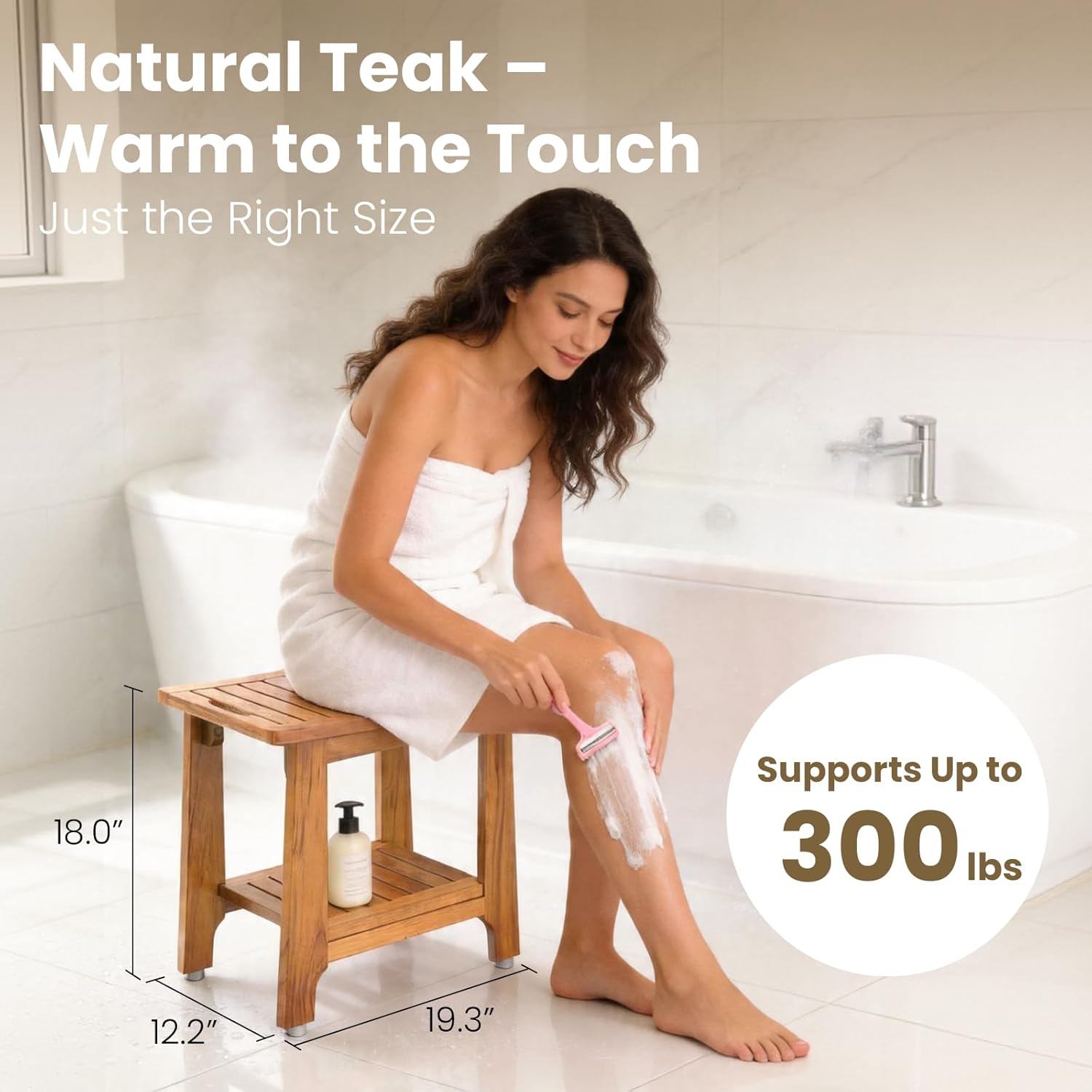 21' Standard Teak Shower Bench with Shelf & Handle - Waterproof, Non-Slip Bath Stool, 300 lbs Capacity - Fits Standard Tubs/Showers & Outdoor Use (Patented)