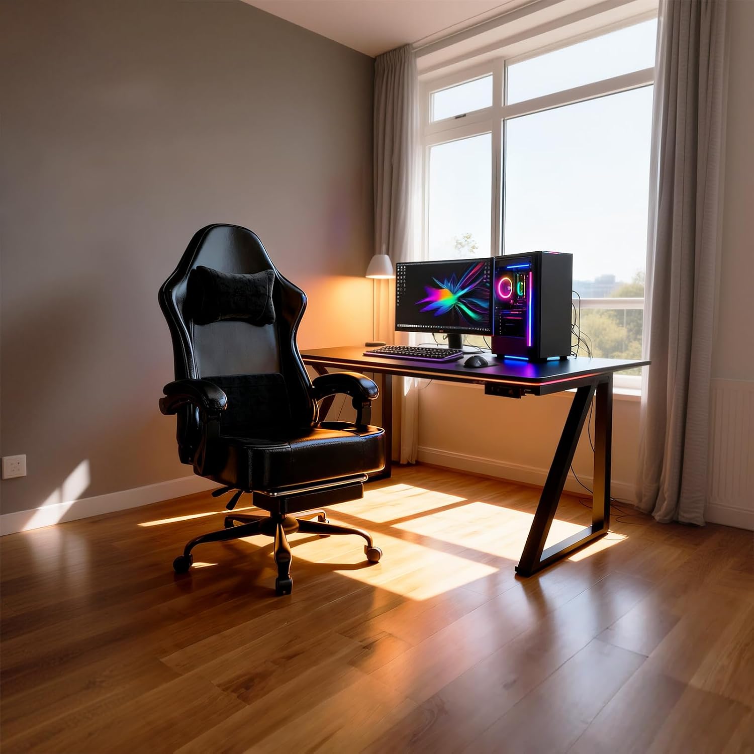 Ergonomic Gaming Chair with Footrest, PU Leather Video Game Chairs for Adults, Comfortable Computer Chair for Heavy People, Reclining Gamer Chair Office Chair with Lumbar Support, Dark Black