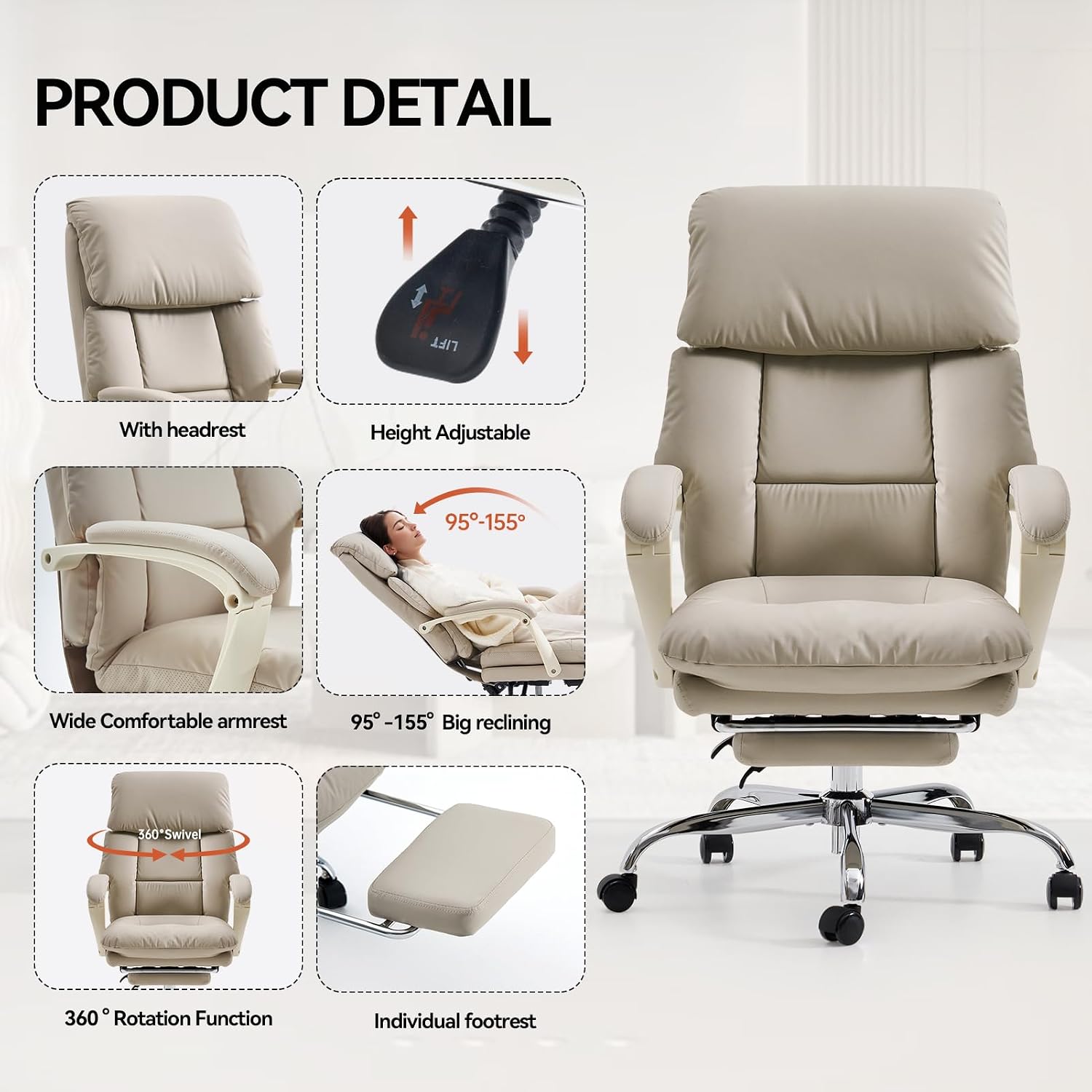 EMIAH Heated and Massage Office Chair with Foot Rest, Executive Office Chair Reclining High Back PU Leather Comfy Swivel Computer Desk Chairs with Wheels and Lumbar Support for Home Office，Beige