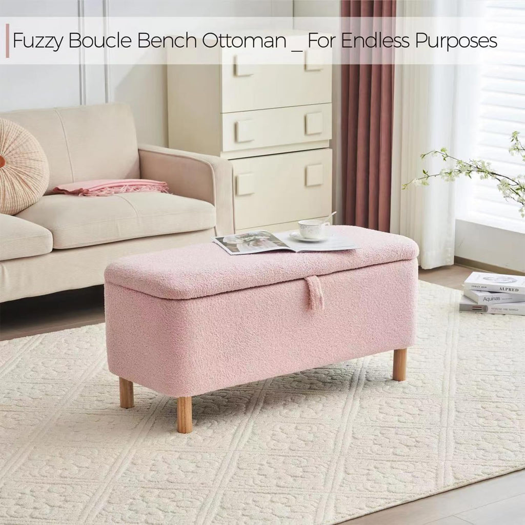 Boucle Storage Ottoman Bench for Bedroom end of Bed, Sherpa Upholstered Shoe Seat Storage Bench for Entryway Bed Foot, Rectangle Cushion Padded Blanket Chest Cute for Living Room, Pink