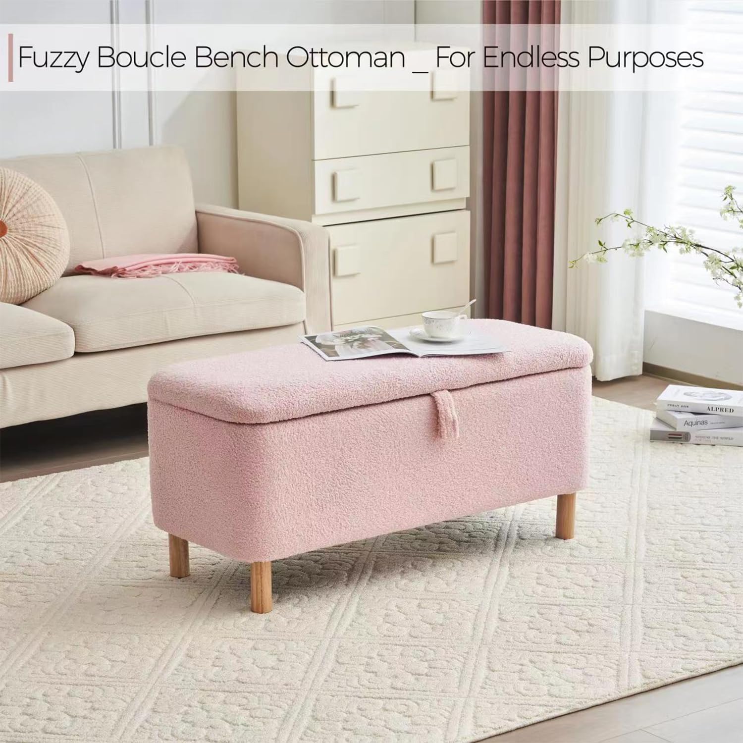 Boucle Storage Ottoman Bench for Bedroom end of Bed, Sherpa Upholstered Shoe Seat Storage Bench for Entryway Bed Foot, Rectangle Cushion Padded Blanket Chest Cute for Living Room, Pink