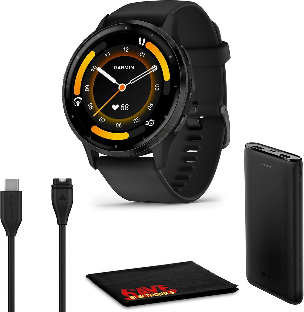 Garmin Venu 3 Advanced Fitness Health Tracker Smart Watch with Slate Stainless Steel Bezel and 45 MM Black Case and Silicone Band 1.4 Inch AMOLED Display Bundle