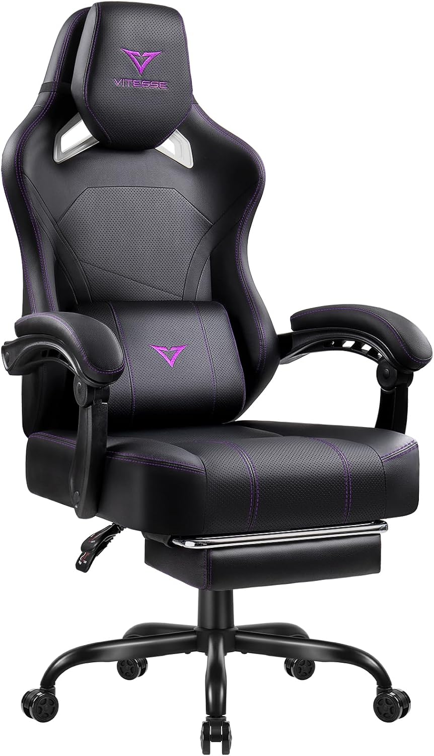 Waleaf Big and Tall Gaming Chair for Adults with Footrest, 400lbs Weight Capacity Video Game Chairs for Office, Ergonomic Computer Gaming Chair with Lumbar Support and Headrest (Purple)