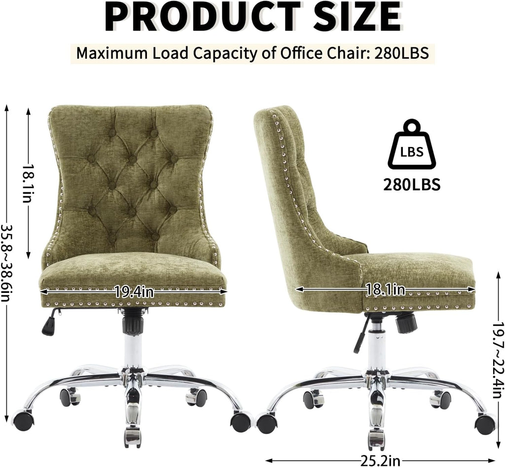 Home Office Chair with Wheels & Silver Base, Cute Chenille Fabric Makeup Vanity Chair with Tufted Back for Bedroom, Upholstered Adjustable Swivel Comfy Desk Chair for Girls Women, Green
